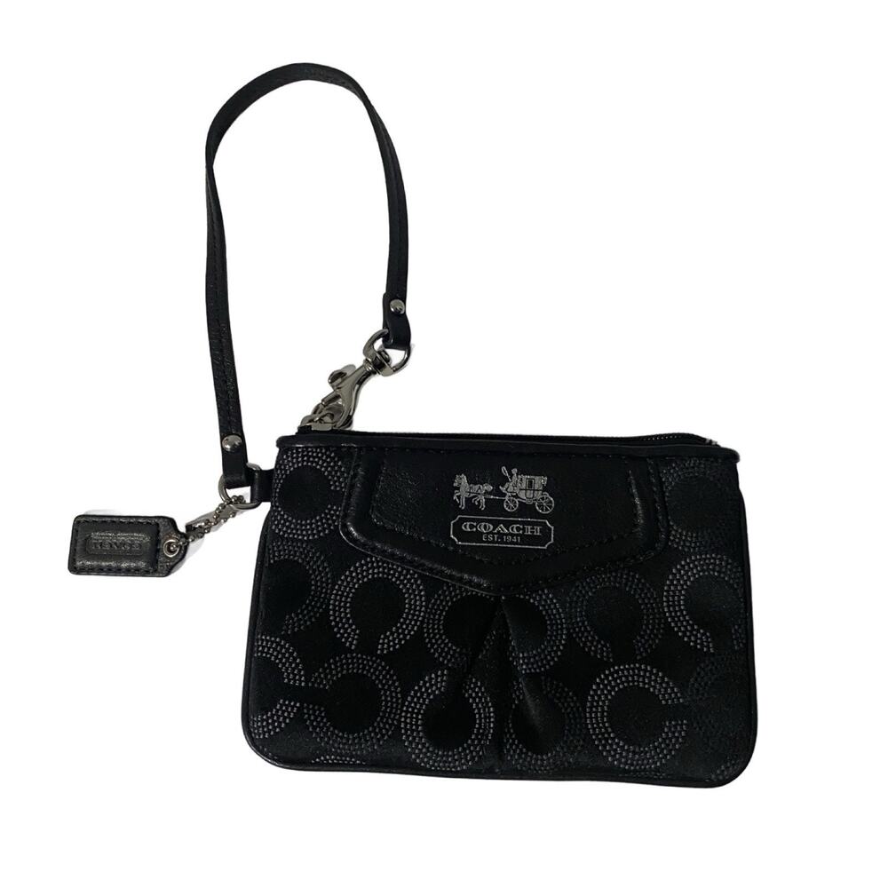 Coach Madison Op Art Small Black Jacquard Signature Silver Zip Wristlet 4x6”